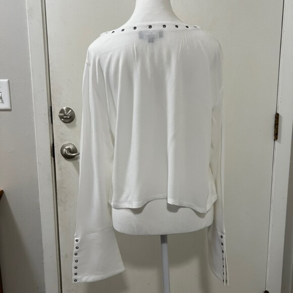 Lulus Womens White Tie Front Cropped Textured Top Studded Bell Sleeve Size Large - Picture 6 of 12